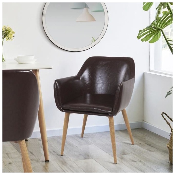 Fauteuil de table vintage marron - pieds métal effet bois - L 54 x P