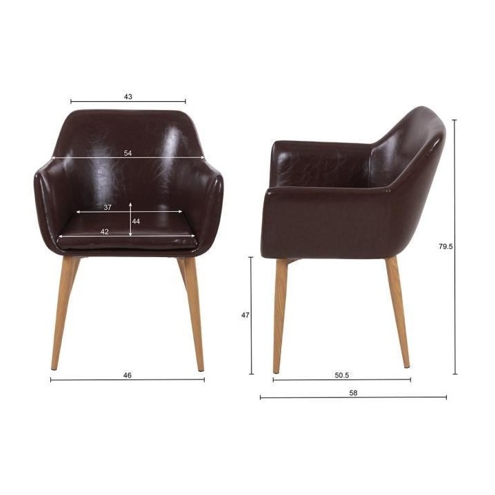 Fauteuil de table vintage marron - pieds métal effet bois - L 54 x P