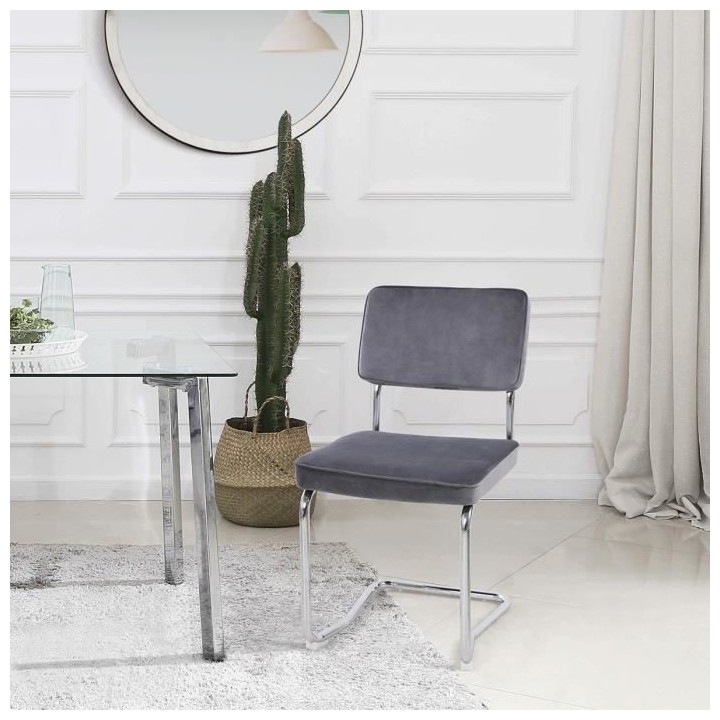 Chaise en velours gris - pieds métal - L 46 x P 57 x H 86 - HOOVER