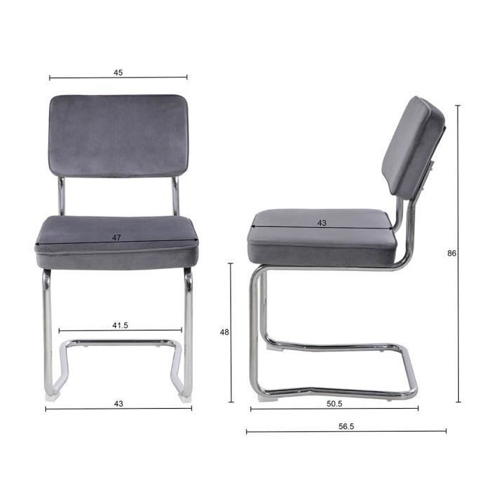 Chaise en velours gris - pieds métal - L 46 x P 57 x H 86 - HOOVER