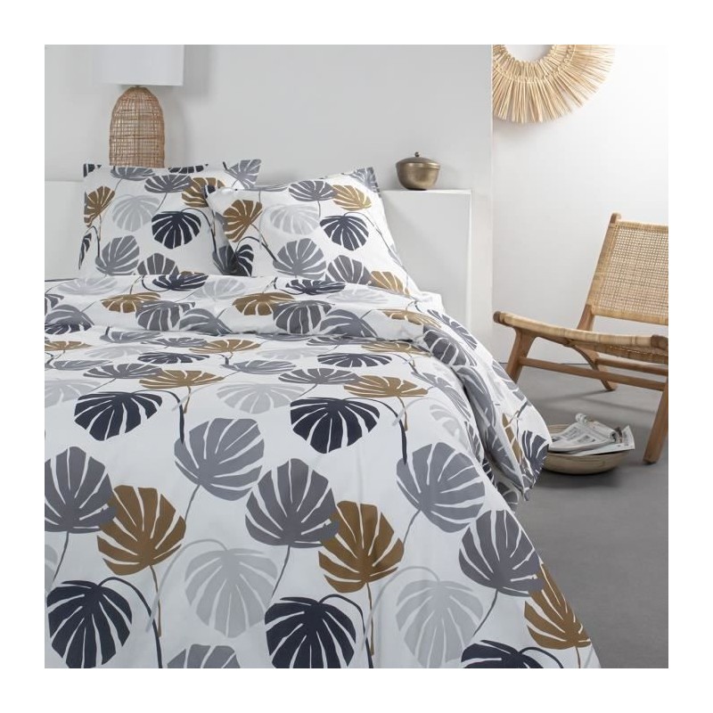 Parure de lit Sunshine - 2 personnes - 260 x 240 cm - 100% coton - Blanc et gris Motif Tropical - TODAY