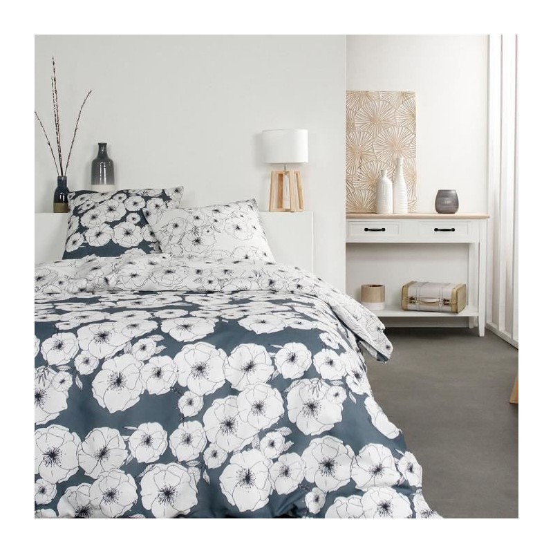 Parure de lit Sunshine - 2 personnes - 260 x 240 cm - 100% coton - Blanc Motif Floral - TODAY