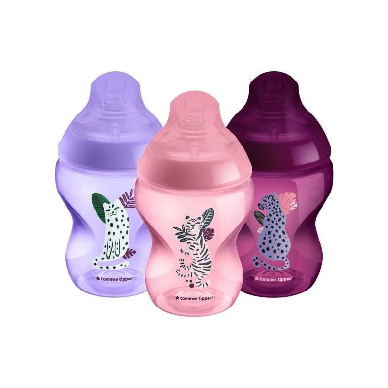 Tommee Tippee - Biberons Closer to Nature - Tétine Imitant le Sein Maternel avec Valve Anti-Colique - 260 ml - Lot de 3 - Rose