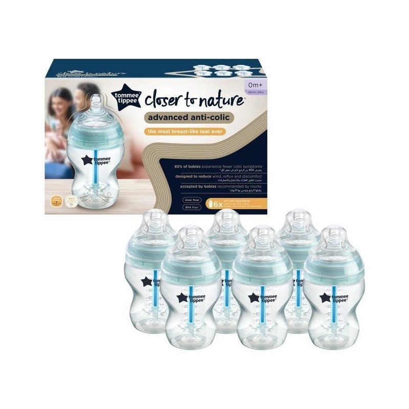 Tommee Tippee - Biberons Closer to Nature - Tétine Imitant le Sein Maternel Valve Anti-Colique - 260 ml - Lot de 6