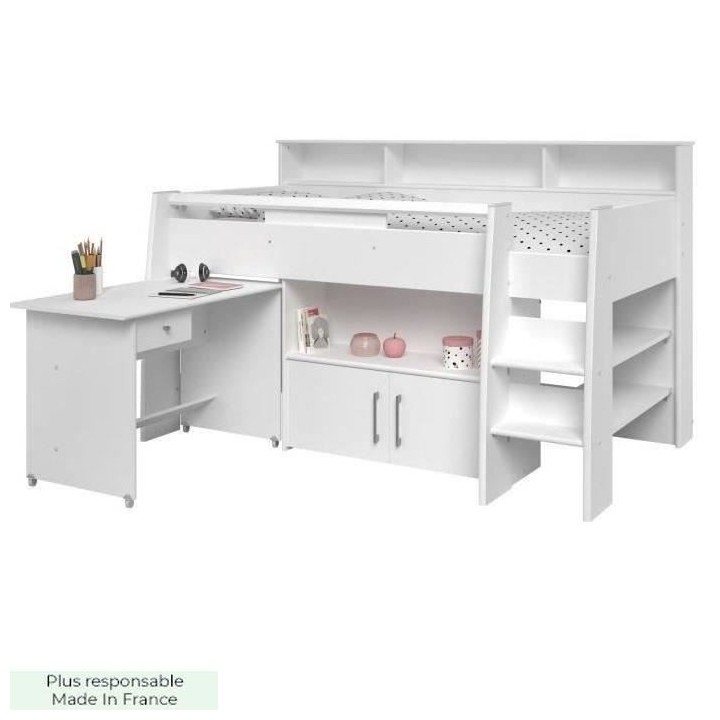 PARISOT Lit combiné enfant avec bureau contemporain décor blanc - So