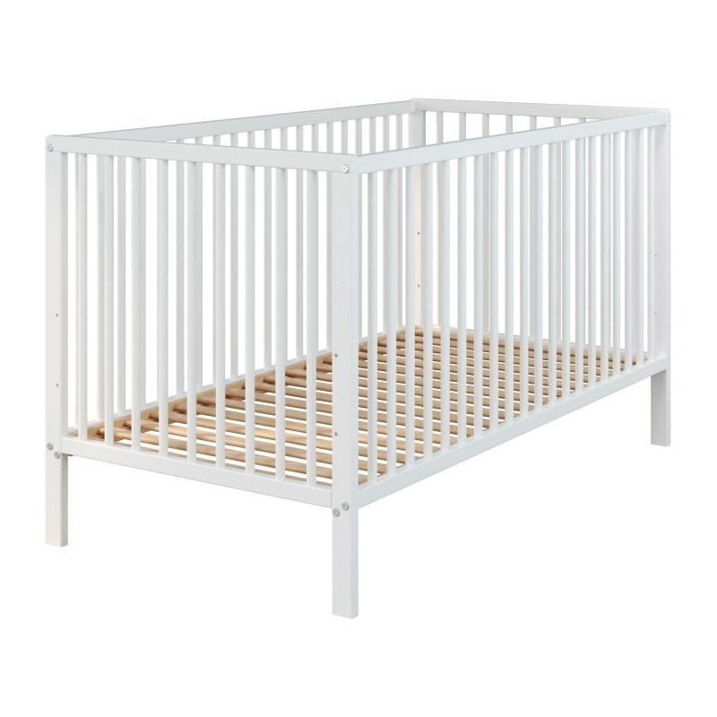 Lit bébé a barreaux - Couchage 70 x 140 cm - Hetre massif teinté blanc - 3 hauteurs réglables - L 144 x H 84 x P 78 cm - TRE