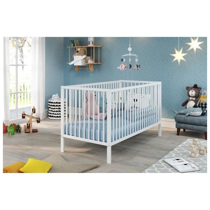 Lit bébé a barreaux - Couchage 70 x 140 cm - Hetre massif teinté bl