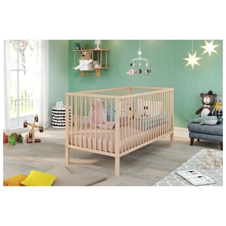 Lit bébé a barreaux - Couchage 70 x 140 cm - Hetre massif teinté na