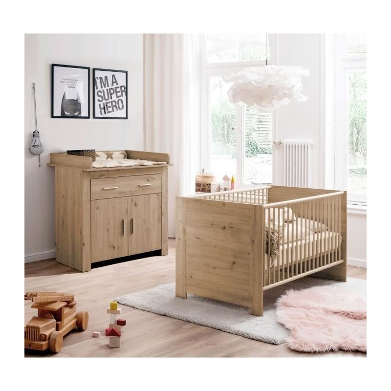 Chambre bébé Duo : Lit 70 x 140 cm + Commode a langer AHOI - Chene - TREND TEAM