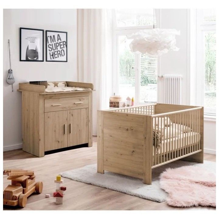 Chambre bébé Duo : Lit 70 x 140 cm + Commode a langer AHOI - Chene -