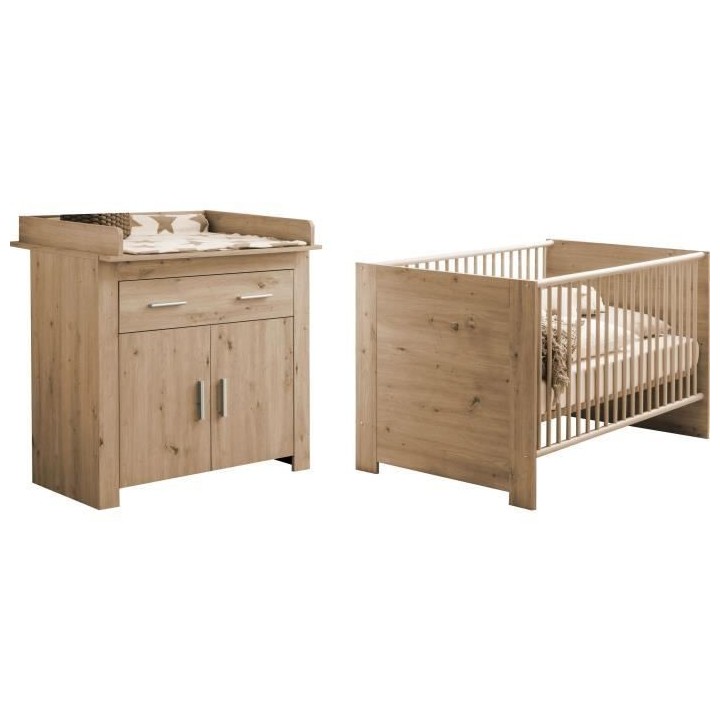 Chambre bébé Duo : Lit 70 x 140 cm + Commode a langer AHOI - Chene -