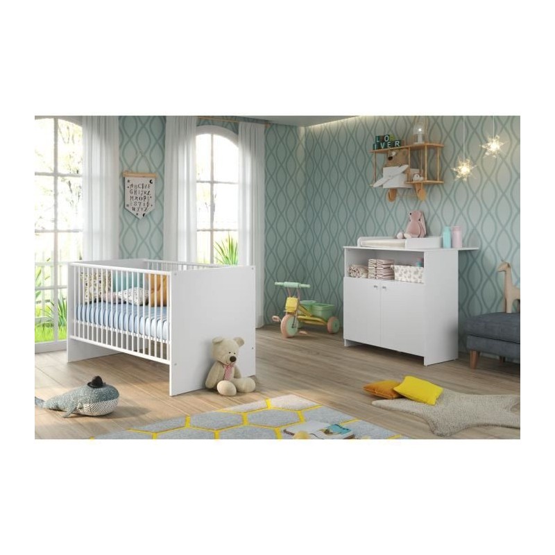 Chambre bébé Duo : Lit 70 x 140 cm + Commode a langer NIKO - Blanc - TREND TEAM