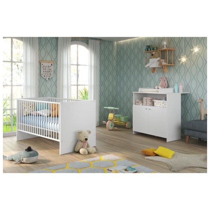 Chambre bébé Duo : Lit 70 x 140 cm + Commode a langer NIKO - Blanc -