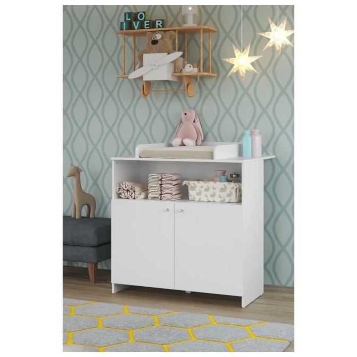 Chambre bébé Duo : Lit 70 x 140 cm + Commode a langer NIKO - Blanc -