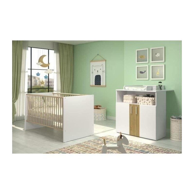 Chambre bébé Duo : Lit 70 x 140 cm + Commode a langer BERRY - Blanc et chene - TREND TEAM