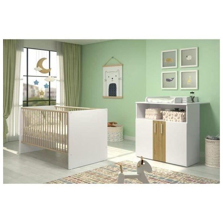 Chambre bébé Duo : Lit 70 x 140 cm + Commode a langer BERRY - Blanc