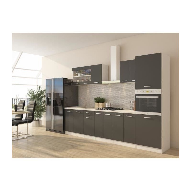 ULTRA Cuisine complete avec colonne four et plan de travail inclus - L 300 cm - 9 éléments - Gris mat