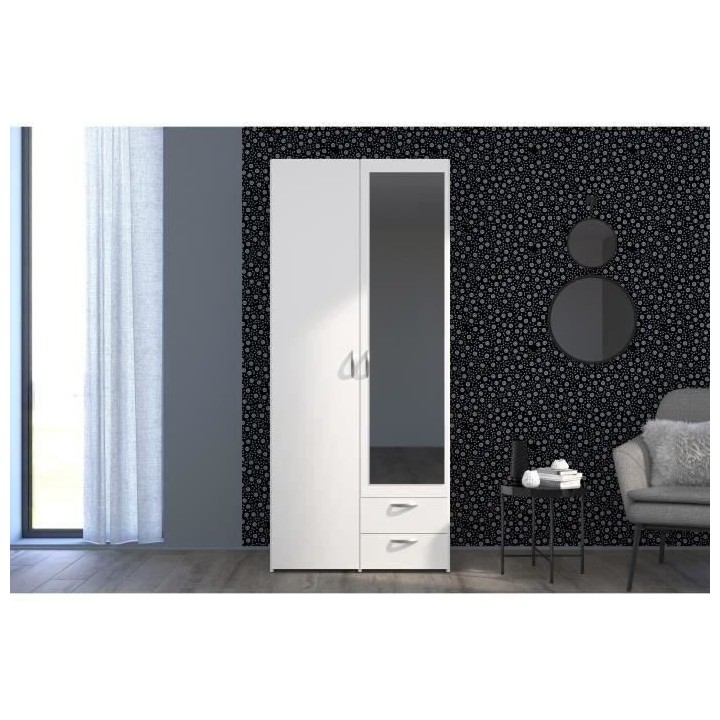 Armoire VARIA - Décor blanc - 2 portes battantes + 1 miroir + 2 tiroi
