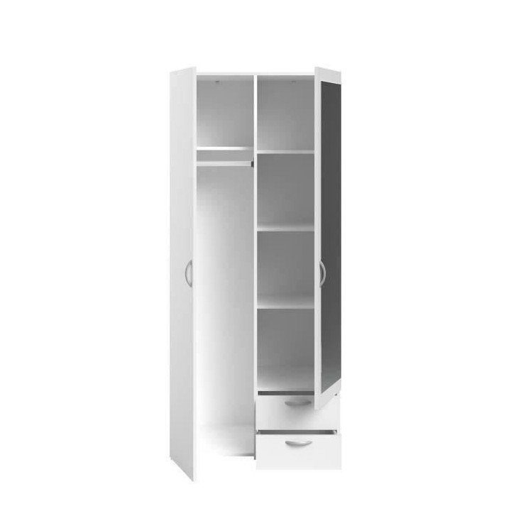 Armoire VARIA - Décor blanc - 2 portes battantes + 1 miroir + 2 tiroi