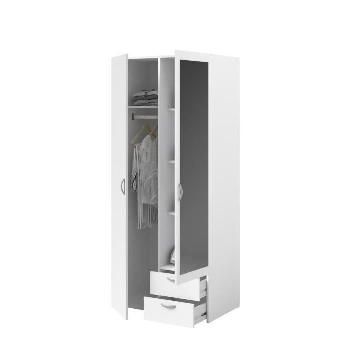 Armoire VARIA - Décor blanc - 2 portes battantes + 1 miroir + 2 tiroi
