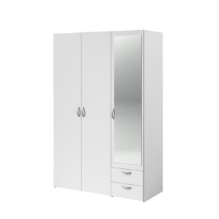 Armoire VARIA - Décor blanc - 3 portes battantes + miroir + 2 tiroirs