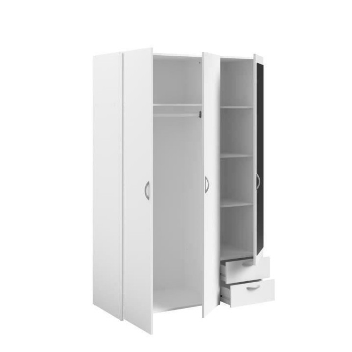 Armoire VARIA - Décor blanc - 3 portes battantes + miroir + 2 tiroirs