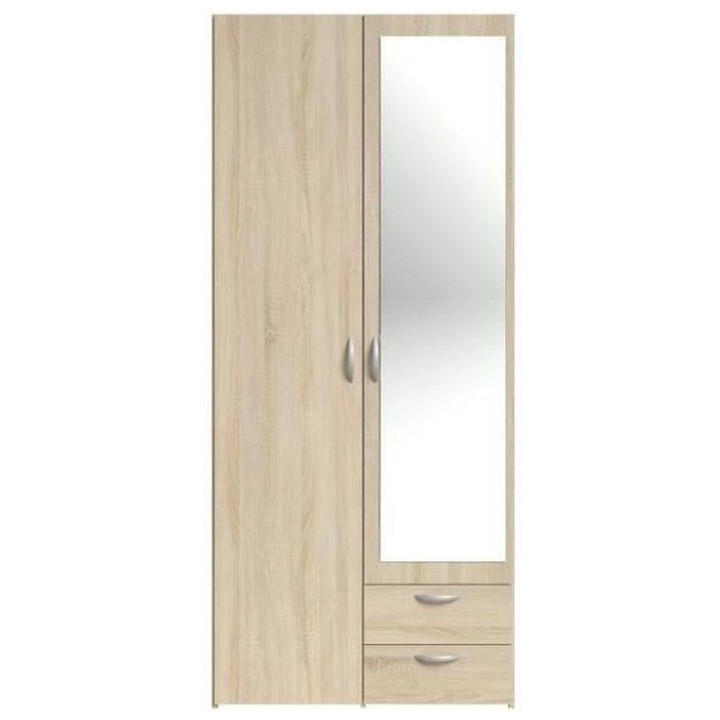 Armoire VARIA - Décor chene - 2 portes battantes + miroir + 2 tiroirs