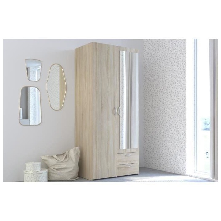 Armoire VARIA - Décor chene - 2 portes battantes + miroir + 2 tiroirs