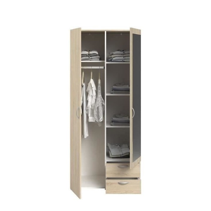 Armoire VARIA - Décor chene - 2 portes battantes + miroir + 2 tiroirs