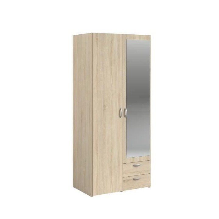 Armoire VARIA - Décor chene - 2 portes battantes + miroir + 2 tiroirs