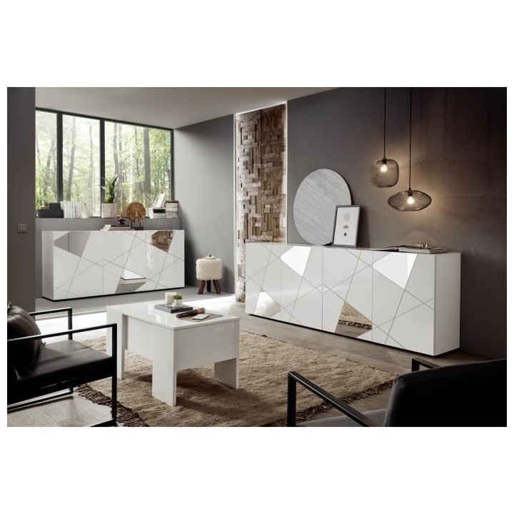 Buffet VICTORY 3 Portes Blanc Laqué brillant avec serigraphie miroir