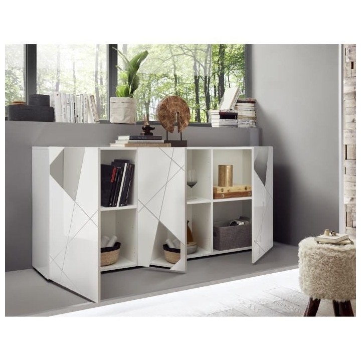 Buffet VICTORY 3 Portes Blanc Laqué brillant avec serigraphie miroir