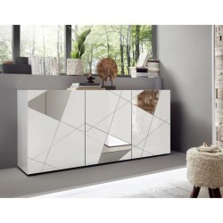 Buffet VICTORY 3 Portes Blanc Laqué brillant avec serigraphie miroir L181 Cm