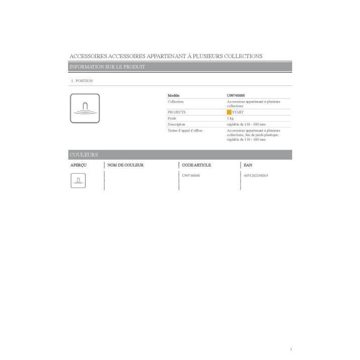 VILLEROY & BOCH - Jeu de pieds pour baignoire réglable de 130-180mm