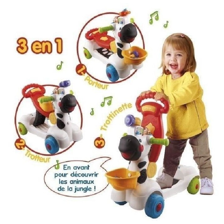 VTECH BABY - Porteur Trottinette - Mon Zebre Rigolo 3 en 1 - Noir & Bl