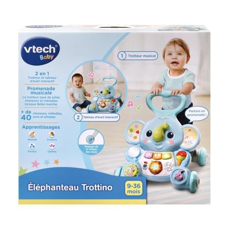 VTECH BABY - Trotteur Eléphanteau Trottino - Avec Frein - Bleu
