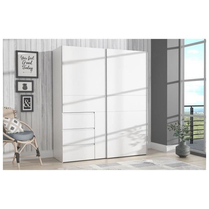 Armoire 2 portes coulissantes 3 tiroirs - Blanc - L 200,1 x P 61,2 x H