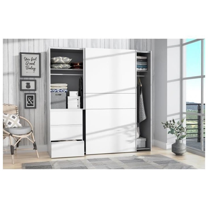 Armoire 2 portes coulissantes 3 tiroirs - Blanc - L 200,1 x P 61,2 x H