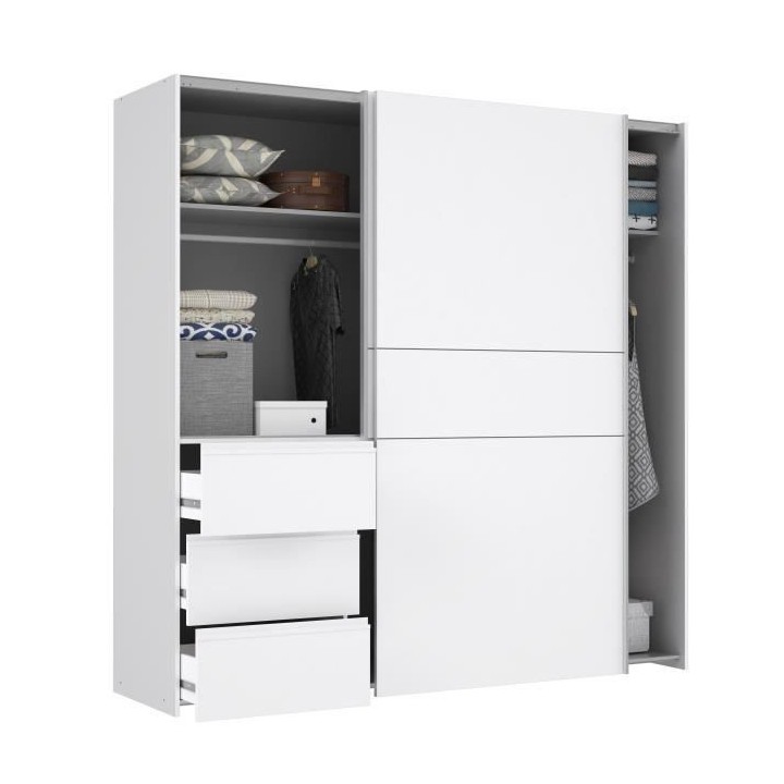 Armoire 2 portes coulissantes 3 tiroirs - Blanc - L 200,1 x P 61,2 x H