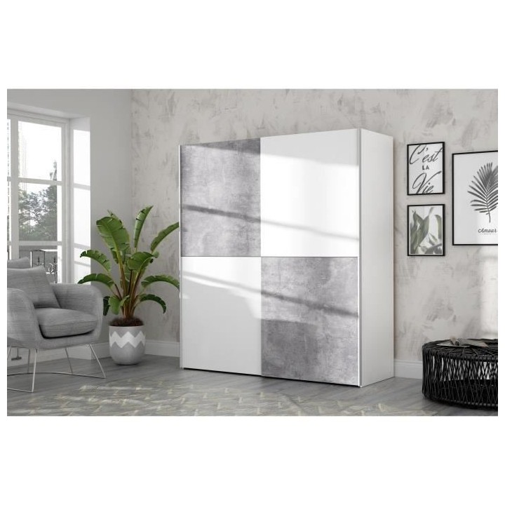 ULOS Armoire 2 portes coulissantes - Décor béton gris clair et blanc
