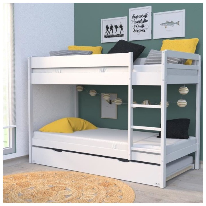 Lit superposé avec tiroir lit - 3 x 90 x 190 cm - Bois Pin massif - B