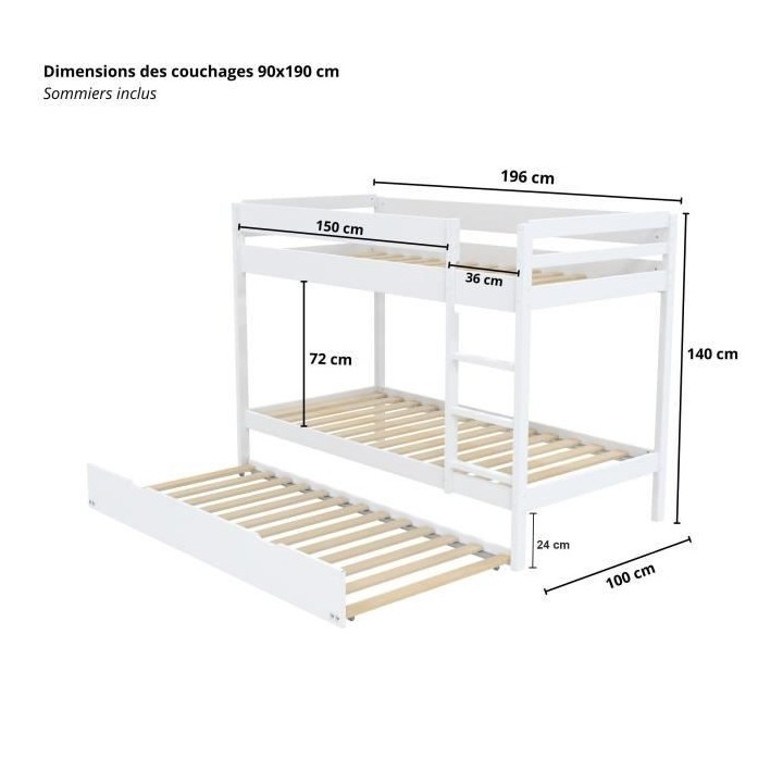 Lit superposé avec tiroir lit - 3 x 90 x 190 cm - Bois Pin massif - B
