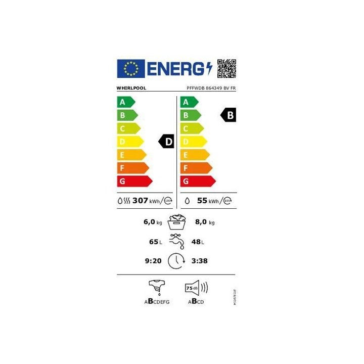 Lave-linge séchant WHIRLPOOL PFFWDB864349BVFR - 8 / 6 kg - Induction