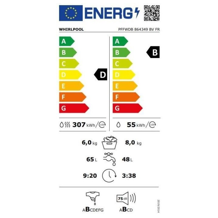 Lave-linge séchant WHIRLPOOL PFFWDB864349BVFR - 8 / 6 kg - Induction