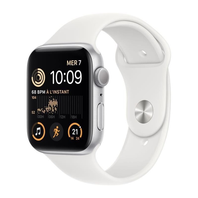 Apple Watch SE GPS (2e génération) - 44mm - Boîtier Silver Aluminium - Bracelet White Sport Band Regular