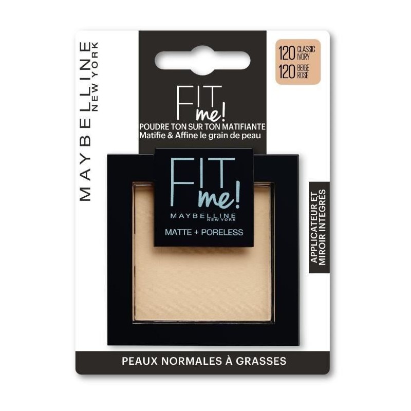 Poudre Compacte Fit Me Matte & Poreless MAYBELLINE NEW YORK - Peaux normales a grasses - 120 Beige Rosé - 9 g