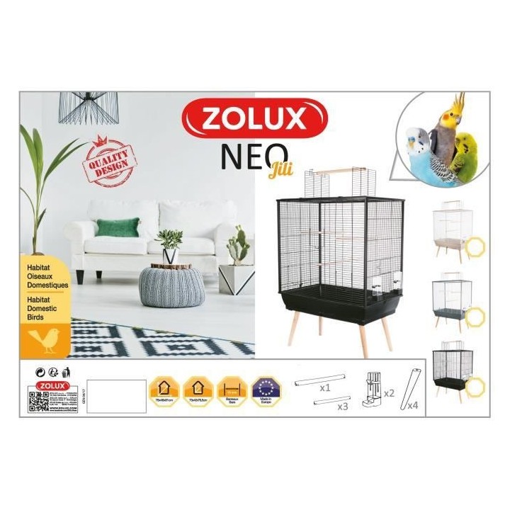 ZOLUX Cage surélevée Néo Jili pour oiseaux - L 78 x P 47,5 x H 112