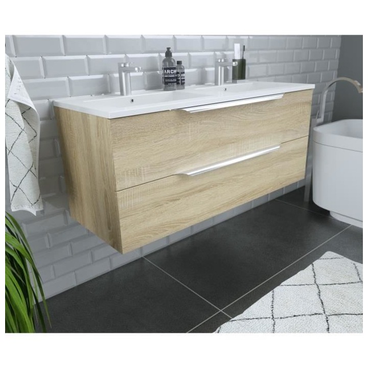 Ensemble Meuble salle de bain L 120 - Vasque + 2 tiroirs + miroir - D