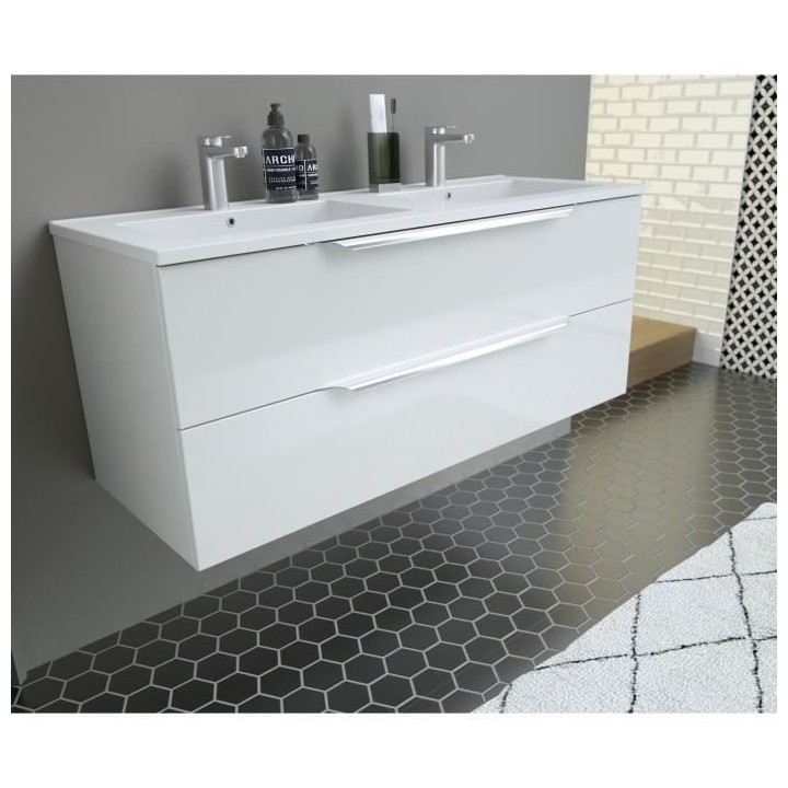 Ensemble Meuble salle de bain L 120 - Vasque + 2 tiroirs + miroir - Bl