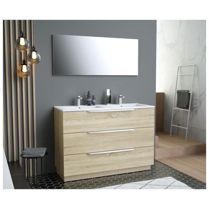 Ensemble Meuble salle de bain L 120 - Vasque + 3 tiroirs + miroir - D